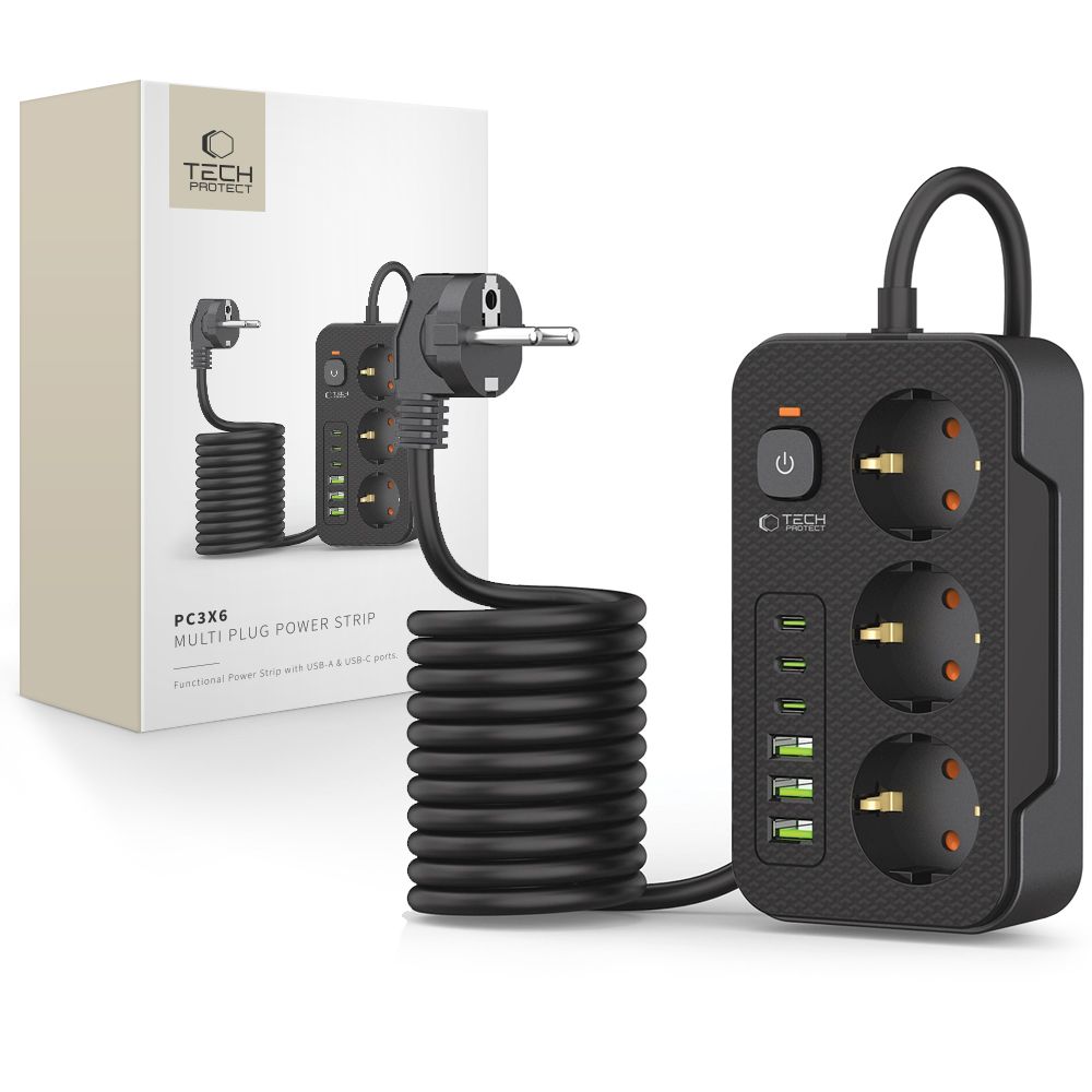 Ilgiklis Tech-Protect PC3X6, 3 USB-A + 3 USB-C + 3 lizdai, 200 cm, juodas