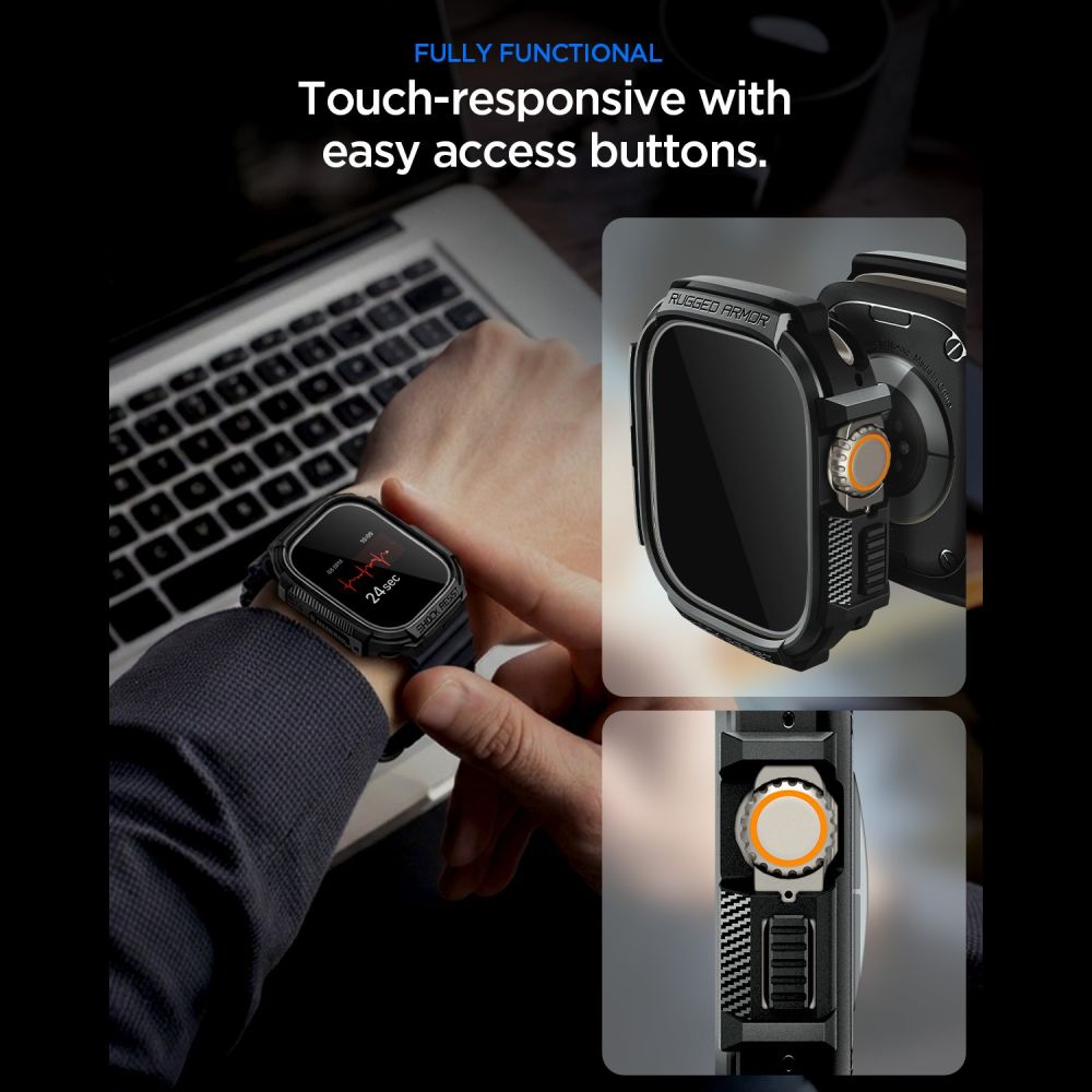 Dėklas ir apsauginis stiklas Spigen Rugged Armor Apple Watch Ultra 1 / 2 / 3 (49 mm), matinis juodas - Image 8